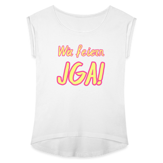 T-Shirt "Wir feiern JGA!" gelb-rosa - weiß