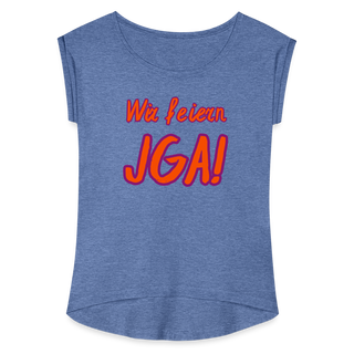 T-Shirt "Wir feiern JGA!" orange-violett - Denim meliert