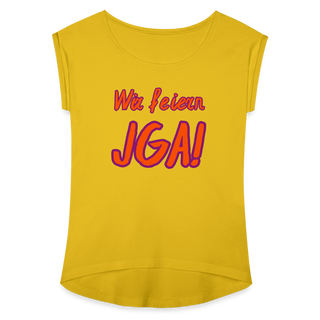 T-Shirt "Wir feiern JGA!" orange-violett - Senfgelb