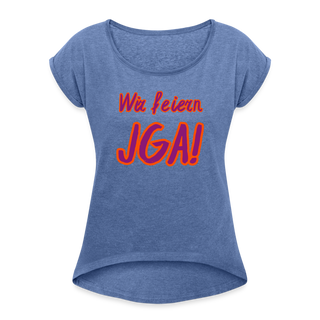 T-Shirt "Wir feiern JGA!" violett-orange - Denim meliert