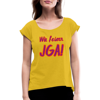 T-Shirt "Wir feiern JGA!" violett-orange - Senfgelb