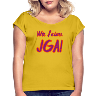 T-Shirt "Wir feiern JGA!" violett-orange - Senfgelb