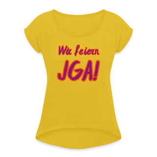 T-Shirt "Wir feiern JGA!" violett-orange - Senfgelb