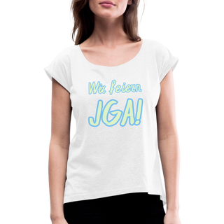 T-Shirt "Wir feiern JGA!" hellgrün-blau - weiß