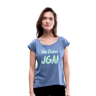 T-Shirt "Wir feiern JGA!" hellgrün-blau - Denim meliert