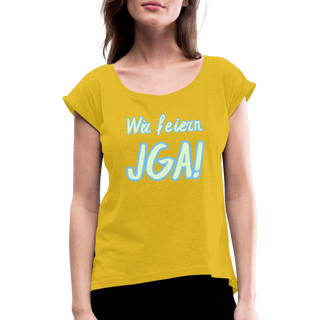 T-Shirt "Wir feiern JGA!" hellgrün-blau - Senfgelb