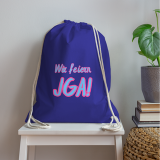Turnbeutel "Wir feiern JGA!" blau-pink - Königsblau