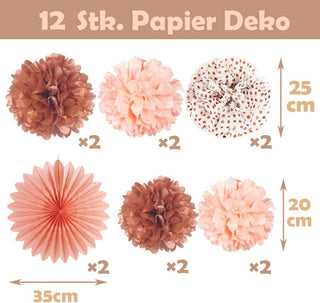 Dekooration in Roségold 12 Stück, Pompons, Seidenpapier, Papierfächer